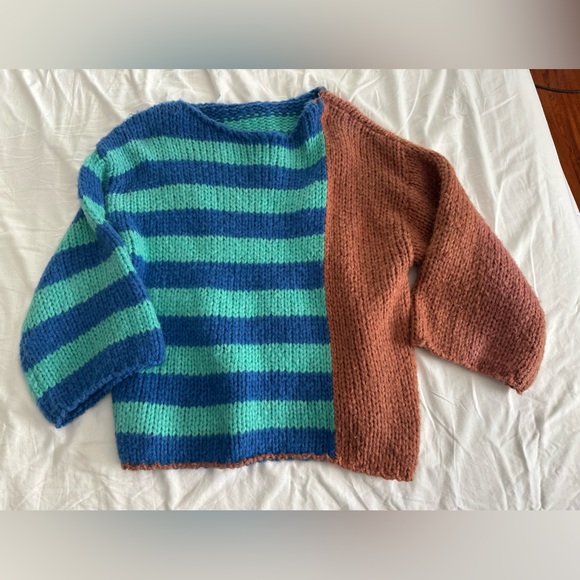 J.ING Sweaters - J.ING Blue and Green Striped Sweater with Brown Panel